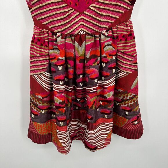 ANTHROPOLOGIE Pankaj & Nidhi Red Beige Embroidered Fit & Flare Mini Dress Size 4 - Picture 4 of 7